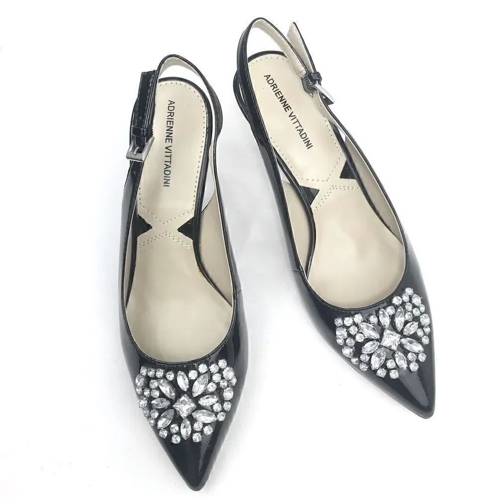 Adrienne Vittadini SURYA Black Patent Leather Rhinestone Pointed Slingback Heels